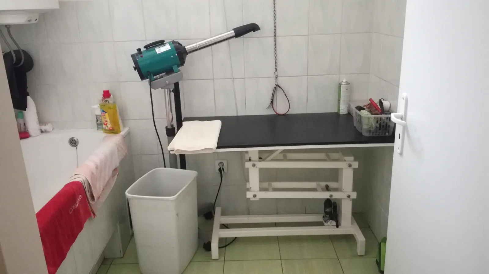 Miestnosť s vaňou, fénom a stolom na úpravu srsti